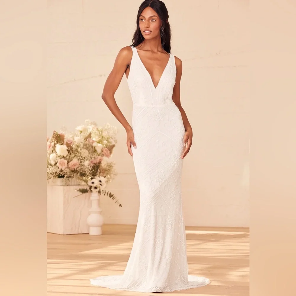 The Sweetest Vows White Beaded Sequin Mermaid Maxi Dress size L - Picture 3 of 5